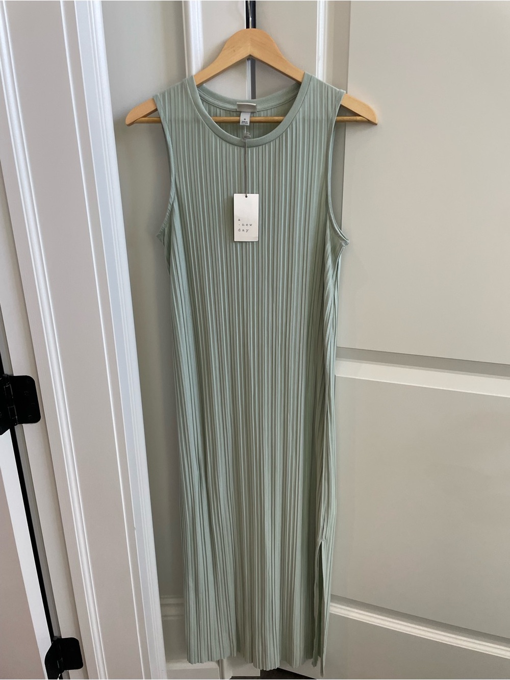 A New Day Sleeveless Pleated Dress in Sage Green